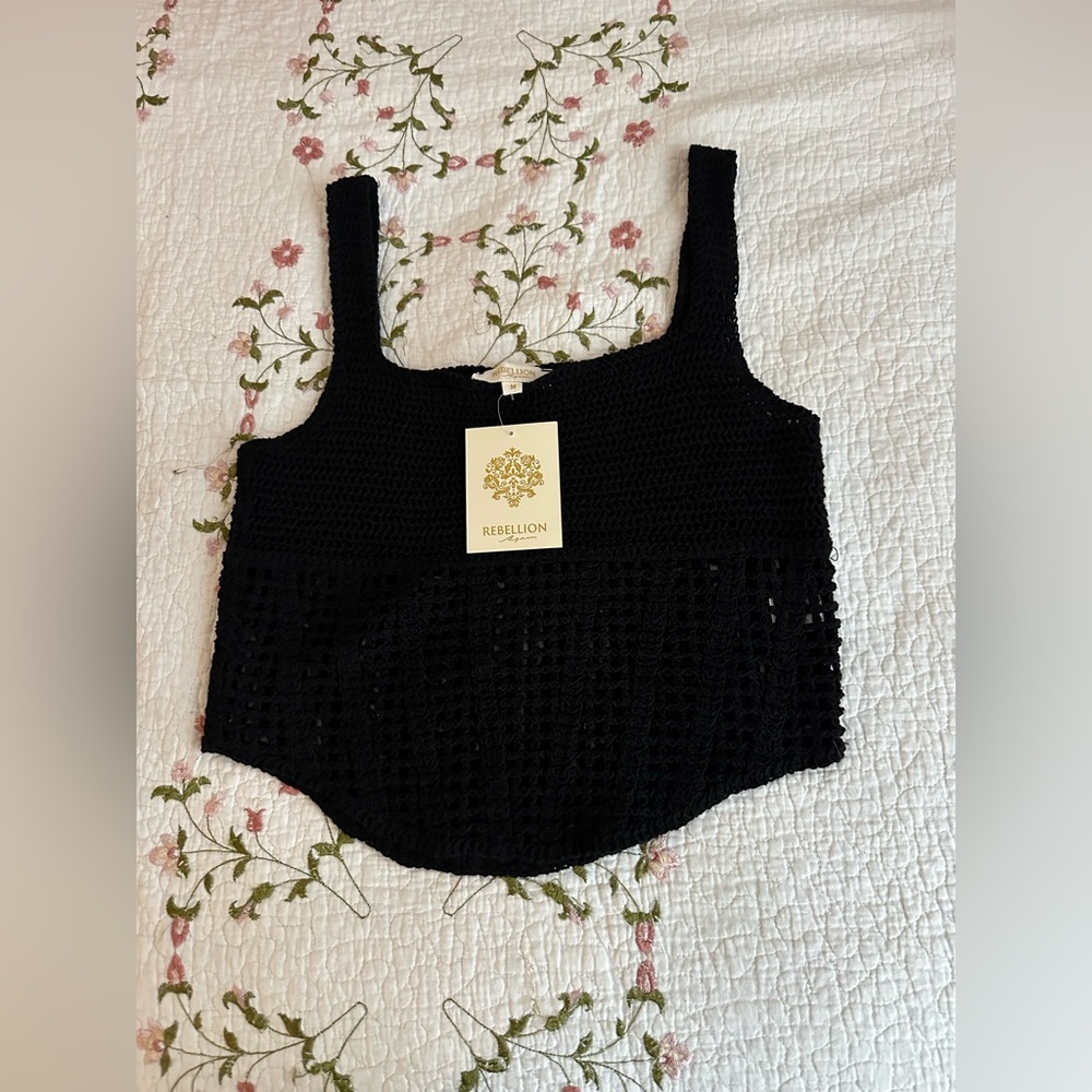 🖤 Rebellion Crochet Knit Tank Top NWT Boho Festival Beach Black Size M Summer. - Picture 3 of 10